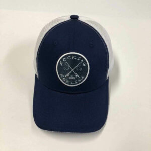 Navy blue and white baseball cap with a circular logo.