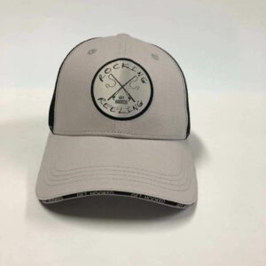 Gray and black baseball cap with a circular logo on the front.