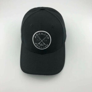 Black baseball cap with a circular logo on the front.
