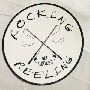 Circular logo with fishing hooks and text 'Rocking Reeling Get Hooked'.