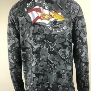 Black camouflage jacket with a colorful graphic on the back.