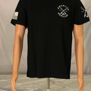 Black T-shirt with white printed logos and an American flag on the sleeve.