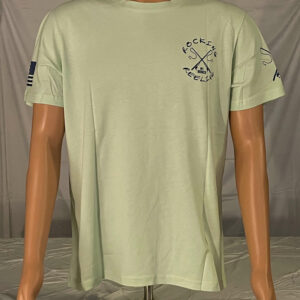 Light green t-shirt with crossed arrows and text design on chest.