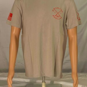 Beige t-shirt with small red graphics on chest and sleeve.