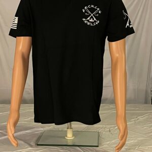 Black T-shirt with white graphics on chest and sleeves.