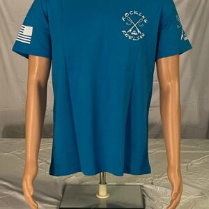 Blue T-shirt with patriotic and military-themed designs on chest and sleeve.