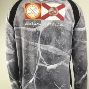 Marble-patterned long sleeve shirt with Florida-themed patches on the chest.