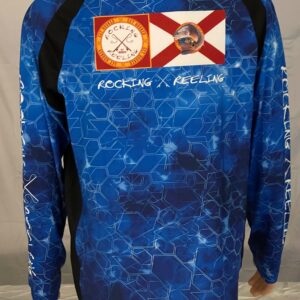 Blue long-sleeve shirt with fishing and Florida flags.