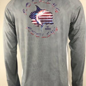 Gray long-sleeve shirt with American flag and eagle design on the back.