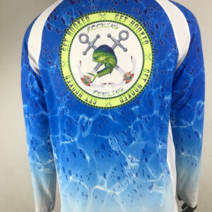 Blue sports jersey with a fishing-themed logo on the back.