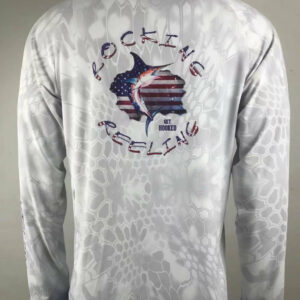 Long-sleeve shirt with a fish and fishing theme logo.