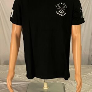 Black T-shirt with white graphic and text on chest and sleeves.