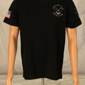 Black T-shirt with crossed golf clubs and American flag patches on sleeves.