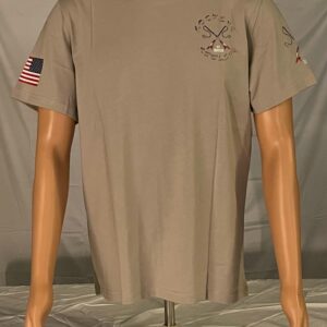 Beige short-sleeve T-shirt with American flag and emblem patches.