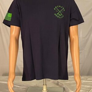 Black t-shirt with green logo and American flag on sleeves.
