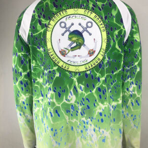 Green and blue patterned shirt with a circular emblem featuring a frog and crossed keys.