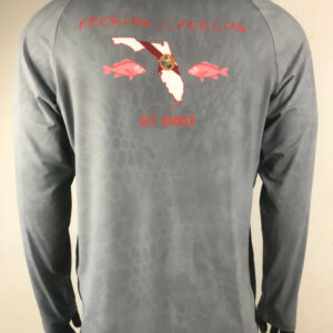Gray long-sleeve shirt with red text and graphic design on the back.