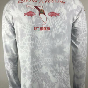 Light gray camouflage long-sleeve shirt with red dragon and text design.