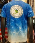 Blue and white gradient t-shirt with a frog logo and text.