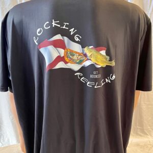 Black t-shirt with a colorful graphic and text.