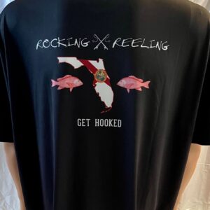 Black shirt with fishing-themed design and the words 'Get Hooked'.