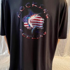 Black T-shirt with 'Rockland Cycling' and American flag design.