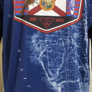 Blue shirt with Florida map and state flag design.