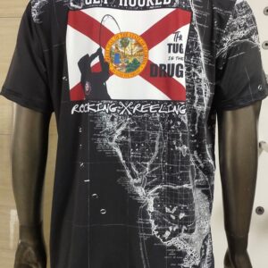 Black T-shirt with anti-drug design and flag graphic.
