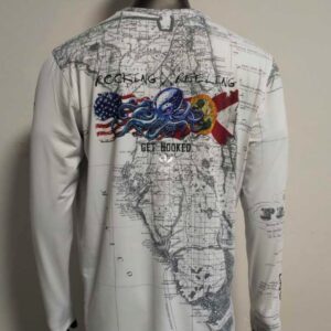 White long-sleeve shirt with a detailed map and colorful graphic design on the back.