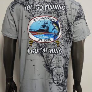 Gray T-shirt with fishing and catching theme and map design.