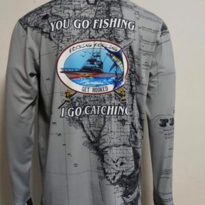 Back of a fishing-themed long sleeve shirt with a fish graphic and text.