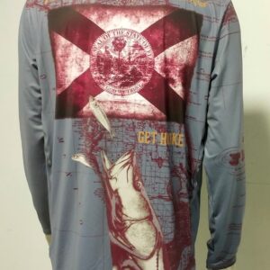 Long-sleeve shirt with a red and white graphic design of a fish and text.