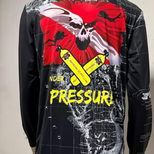 Black jacket with bold red, yellow, and white graphic design.