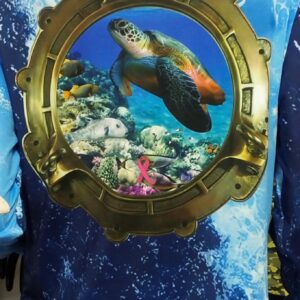 Turtle swimming underwater seen through a porthole design.