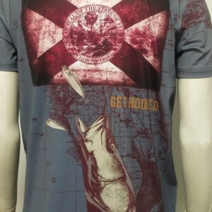 Graphic t-shirt featuring a distressed hand and bold text design.