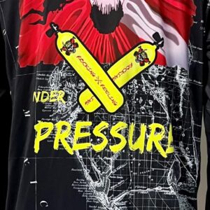 Graphic t-shirt with yellow oxygen tanks and the word 'PRESSURE'.