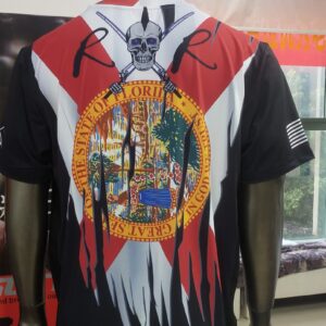 Colorful Florida-themed shirt with palm trees and state seal design.
