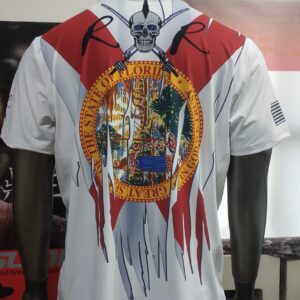 Tattered Florida state flag design on a shirt with a skull and crossbones motif.