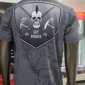 Black t-shirt with skull and crossed swords design.