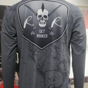 Black long-sleeve shirt with skull and axe graphic and text.