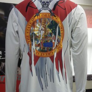 Jacket with a torn Florida state seal design on the back.