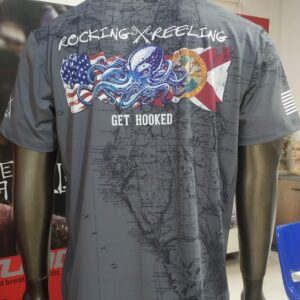 Gray fishing-themed t-shirt with American flags and 'Get Hooked' slogan.