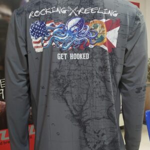 Long-sleeve shirt with fishing-themed graphic and American-Florida flags.