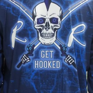 A graphic hoodie with a skull and fishing hooks design.