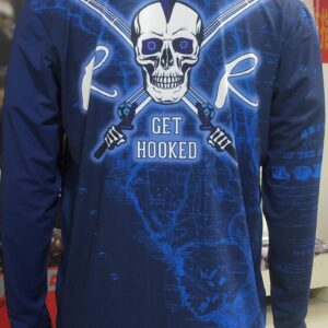 Blue shirt with a skull, fishing hooks, and 'Get Hooked' text design.